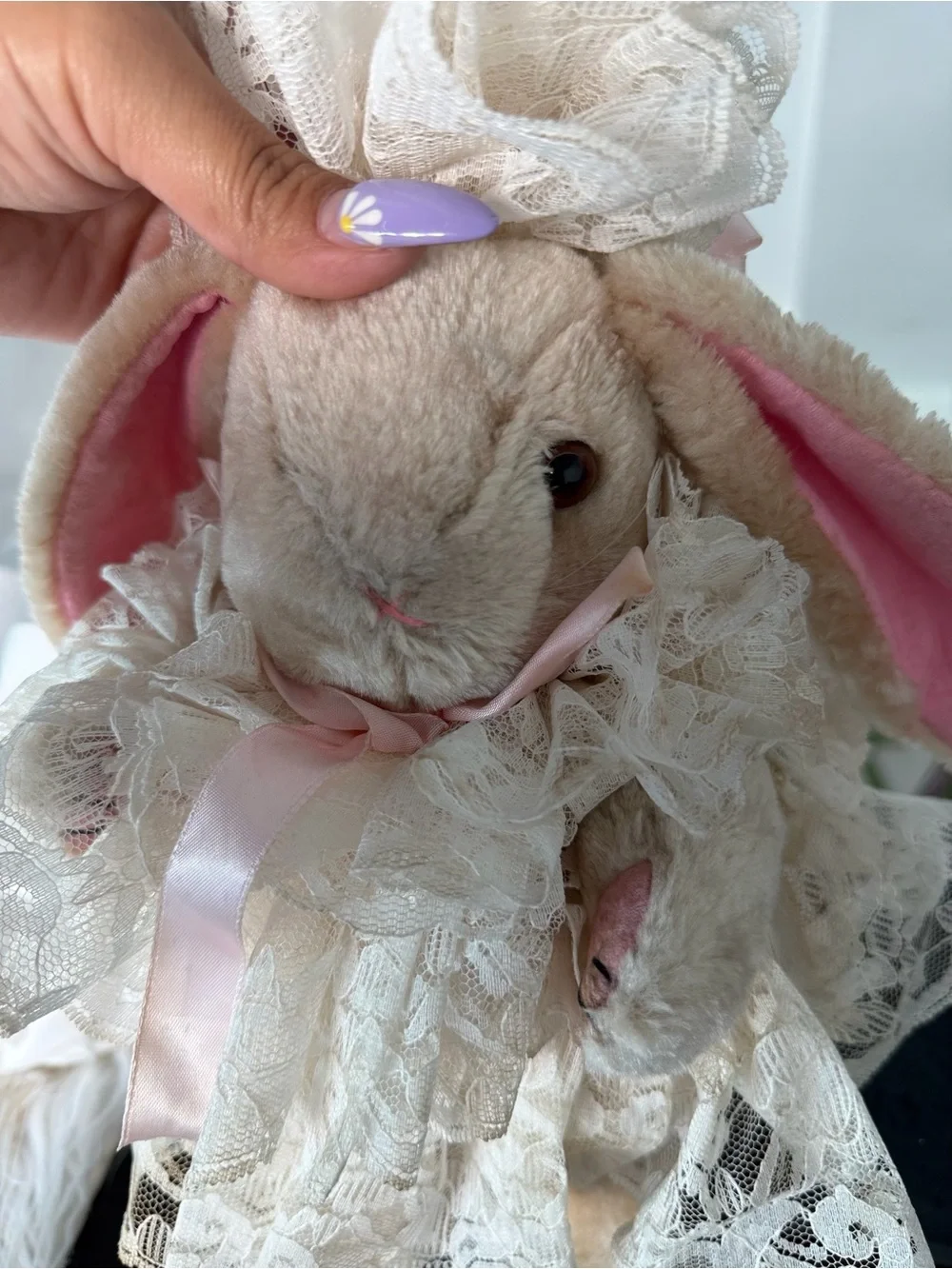 Vintage Plush Bunny in Ivory Lace Dress & Pink Rag Doll Pair - Soft Kids Toys